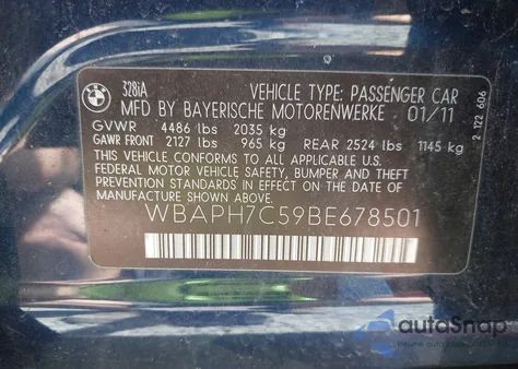 2011 BMW 328I z USA, uszkodzony, nr VIN WBAPH7C59BE678501